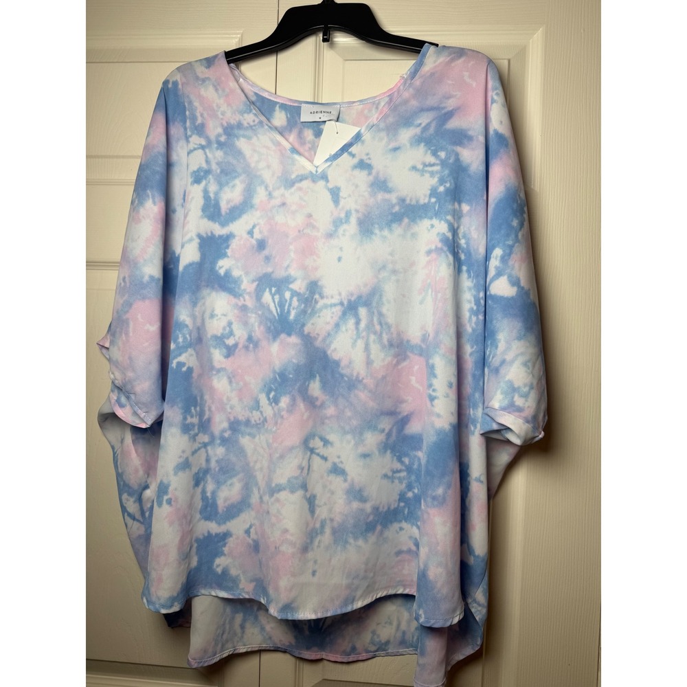 Adrienne Womens Tie Dye V-Neck Blouse Pink Blue‎ Oversized Top Medium NWT